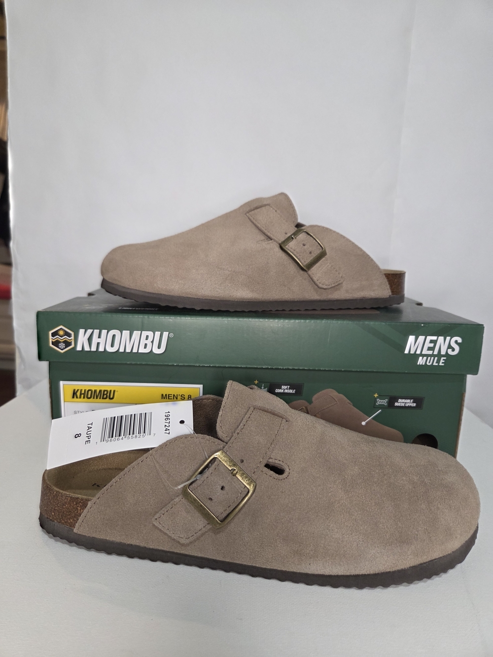 Khombu Men's Taupe Suede Slip-On Mule with Buckle Size 8